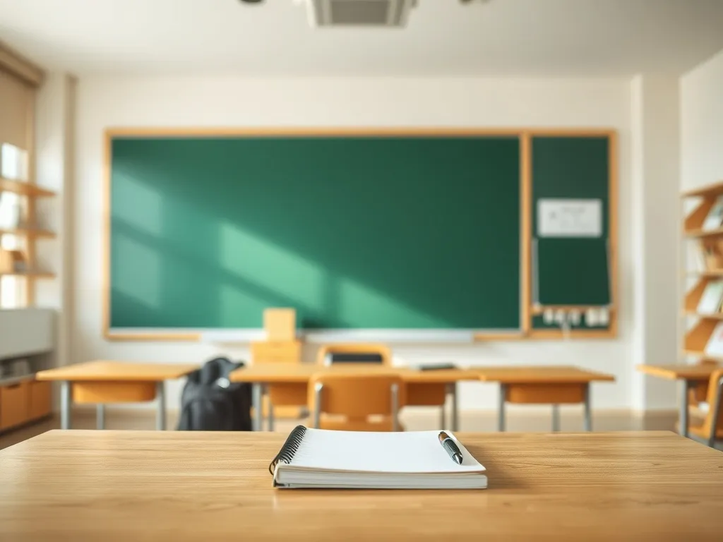 Pusta, spokojna sala lekcyjna z ławką, plecakiem i tablicą, nawiązująca do zajęć z edukacji dla bezpieczeństwa.