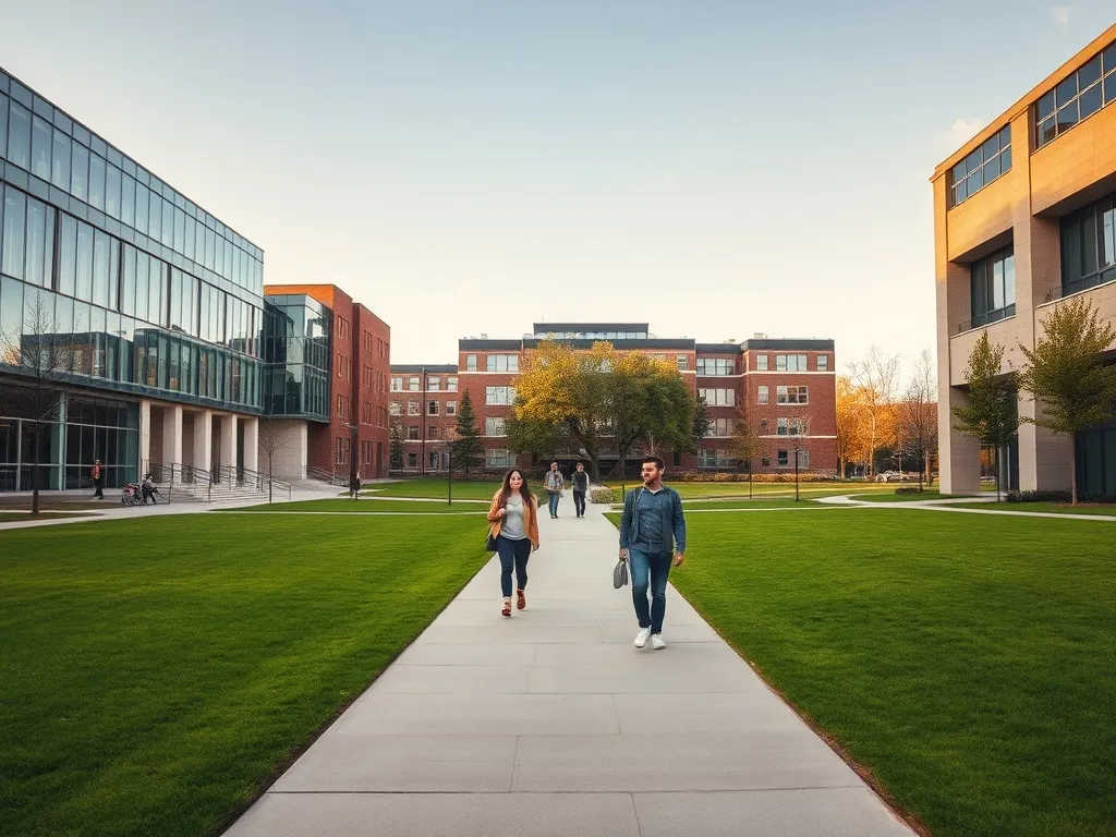 Nowoczesny kampus uniwersytecki z zielenią i studentami, symbol prestiżowych uczelni z czołówki światowych rankingów.