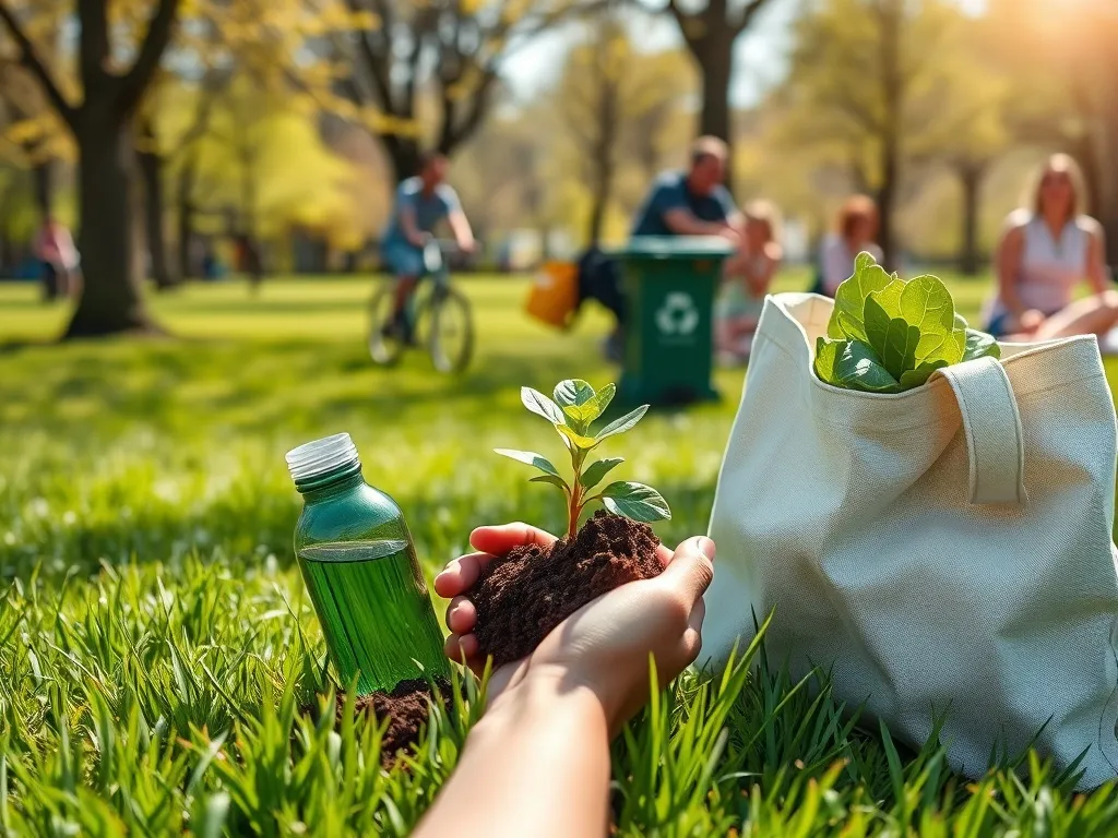 Dłonie trzymają sadzonkę nad trawą obok bidonu i torby z warzywami, w tle park z rowerami, piknikiem i koszem na recykling.