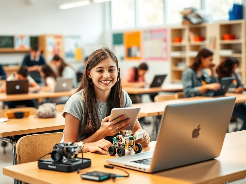 Uśmiechnięte uczennice w nowoczesnej klasie technikum pracują nad robotyką i programowaniem, w tle koledzy przy laptopach.