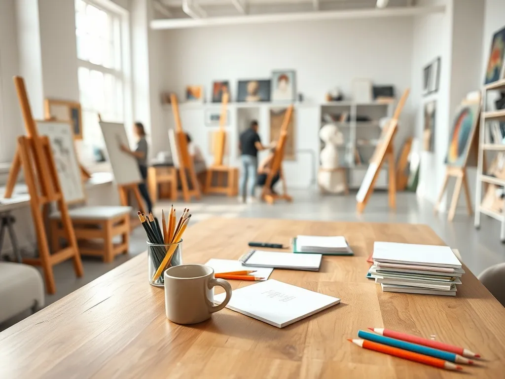 Nowoczesna pracownia sztuki z pracującymi studentami przy sztalugach, stołem z przyborami plastycznymi i twórczą atmosferą uczelni.