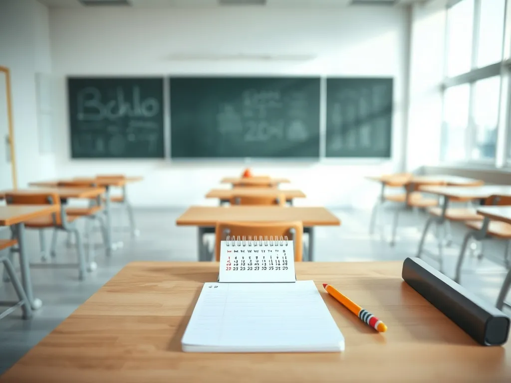 Minimalistyczna klasa z ławką, zeszytem i kalendarzem symbolizującym liczbę lat nauki w liceum po 8 klasie.