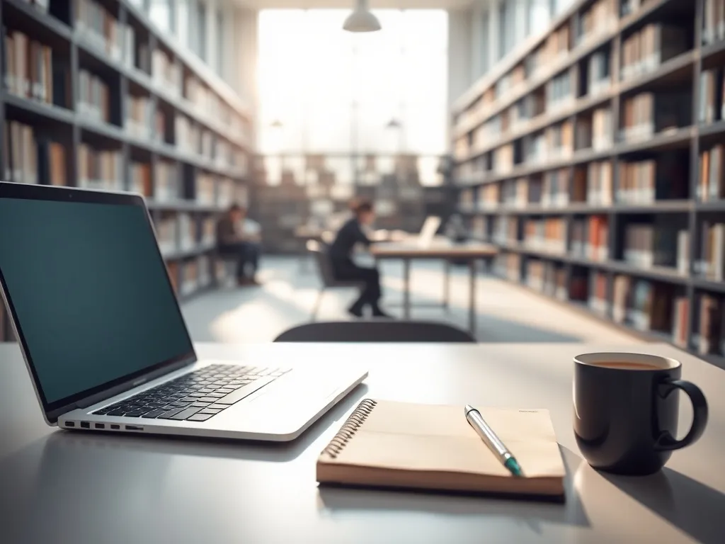 Minimalistyczne biurko z laptopem i notatnikiem na tle rozmytej biblioteki, podkreślające spokojną, akademicką atmosferę.