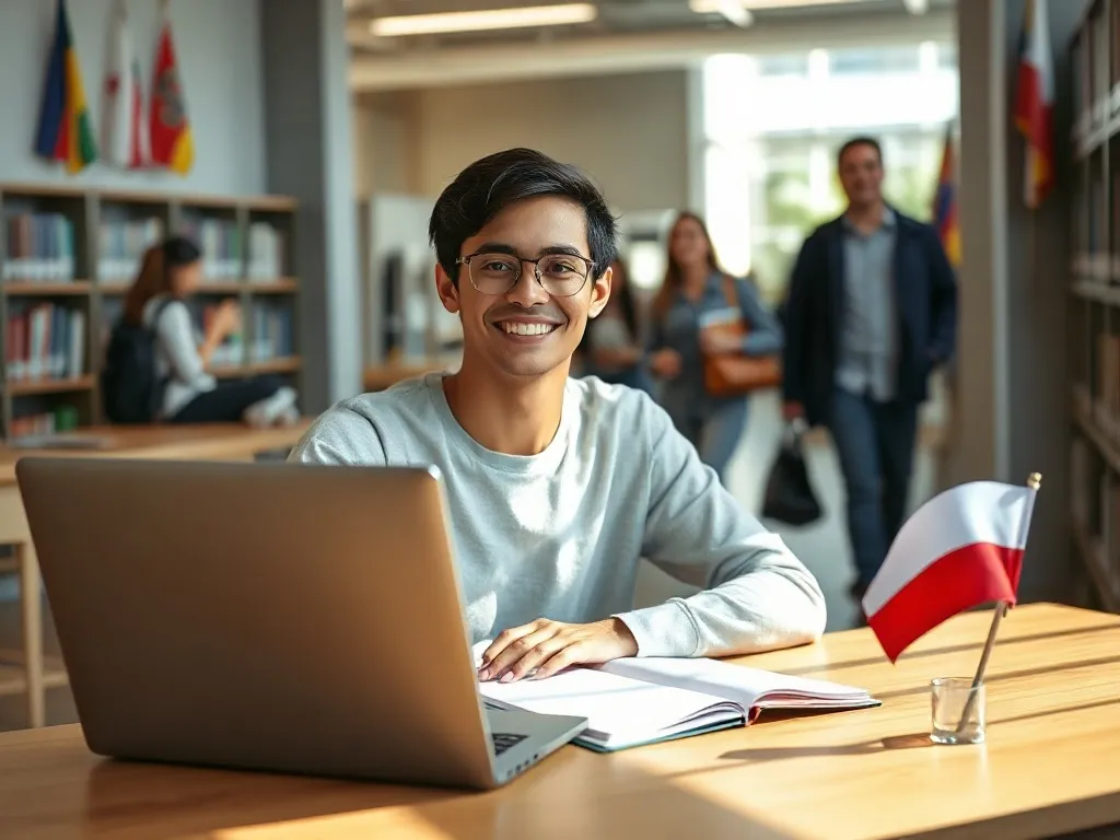 Uśmiechnięty student zagraniczny przy laptopie z małą polską flagą, w tle nowoczesny kampus międzynarodowy.