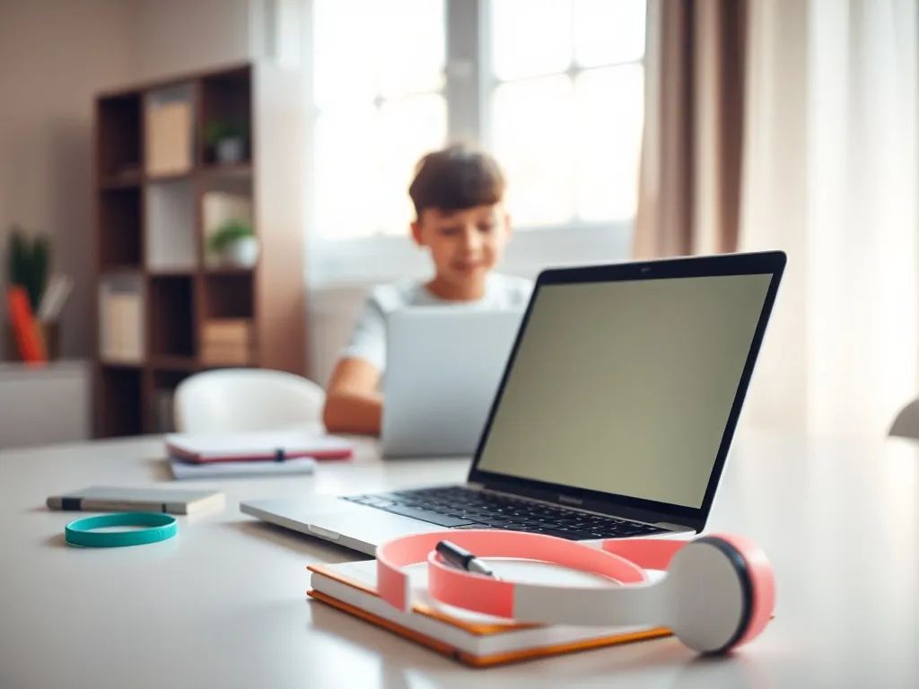 Nastolatek uczy się przy laptopie w przytulnym, domowym biurze, symbolizując naukę w Szkole w Chmurze.