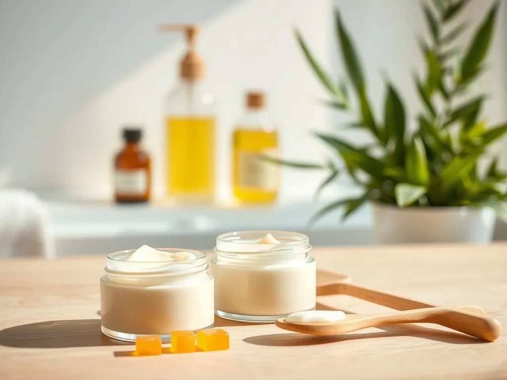 Naturalny balsam i granulki wosku na drewnianym stole, w tle olejki roślinne – minimalistyczna, domowa pielęgnacja skóry