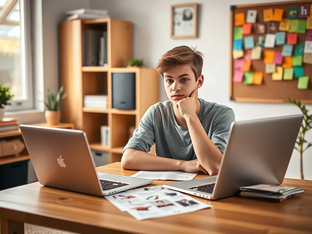Siedemnastolatek przy biurku zastanawia się nad wyborem ścieżki po zawodówce, przeglądając laptop i broszury z opcjami kariery.