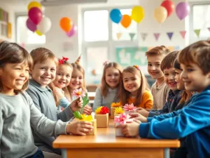 Uśmiechnięte dzieci w klasie wręczają sobie drobne prezenty i papierowe kwiaty na Dzień Dziewczyn, w tle kolorowe balony.