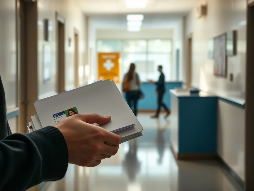 Uczeń trzyma teczkę z dokumentami przed sekretariatem liceum, gotowy do złożenia papierów w przyjaznej szkole.