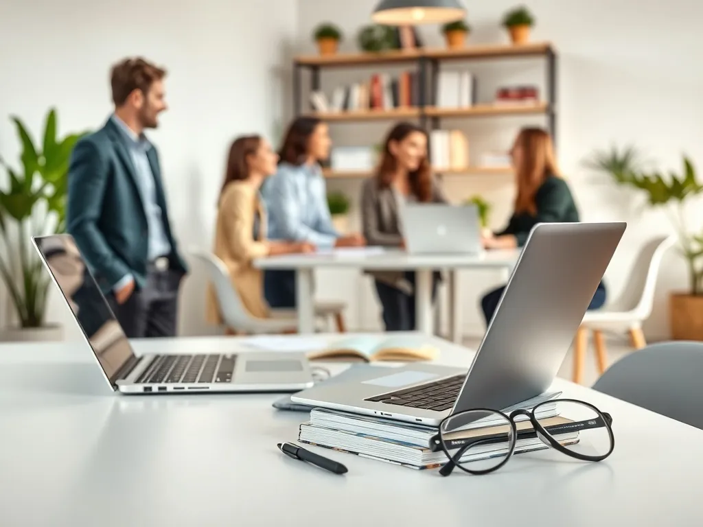 Młodzi dorośli w biurze przy wspólnej pracy, na pierwszym planie laptop i książki – symbol kariery po kierunkach humanistycznych.