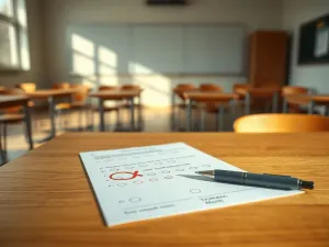 Zbliżenie na arkusz maturalny z czerwono zaznaczonym błędem kardynalnym na ławce w pustej, jasnej sali egzaminacyjnej.