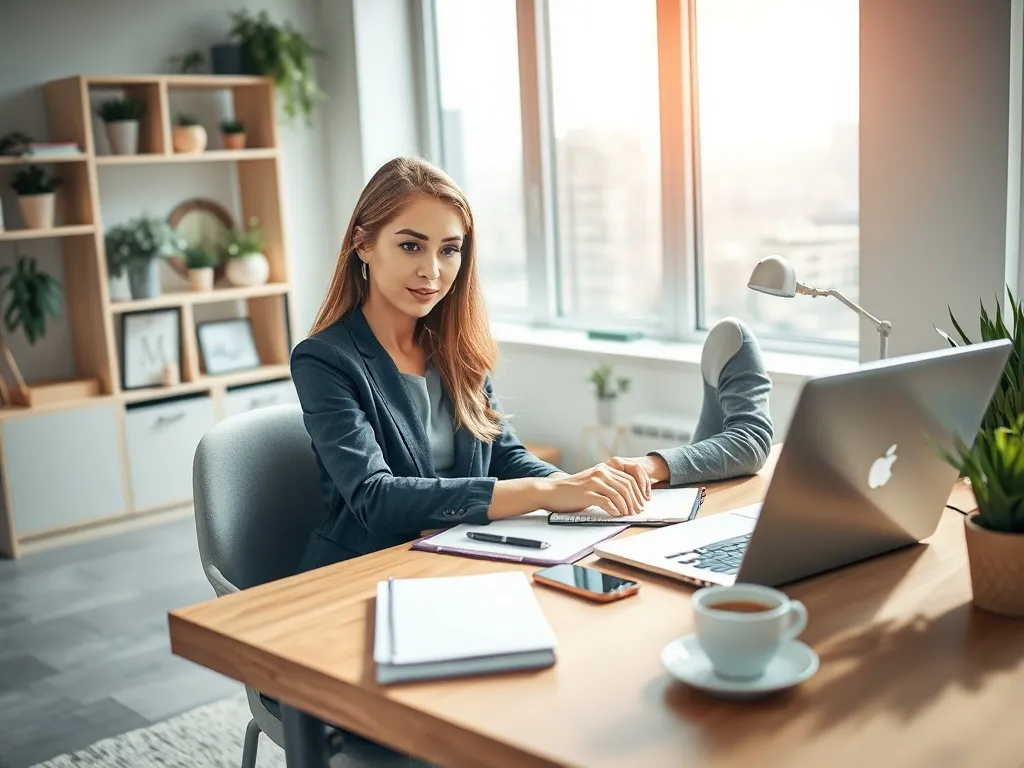 Pewna siebie kobieta pracuje przy laptopie w nowoczesnym, domowym biurze, symbolizując dobrze płatną pracę bez studiów.