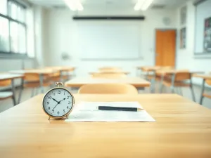 Puste biurko z arkuszem egzaminu, długopisem i zegarem symbolizującym wydłużony czas na maturze w spokojnej klasie