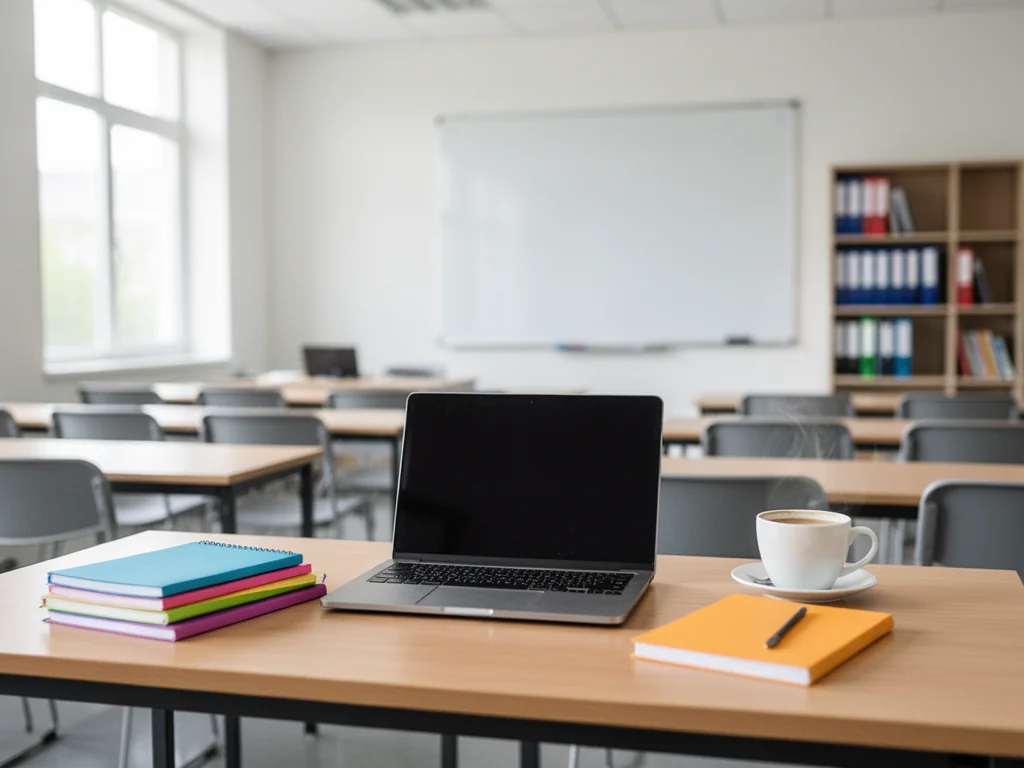 Nowoczesna sala wykładowa z biurkiem, laptopem i notatnikami, ilustrująca warunki studiowania dziennego.