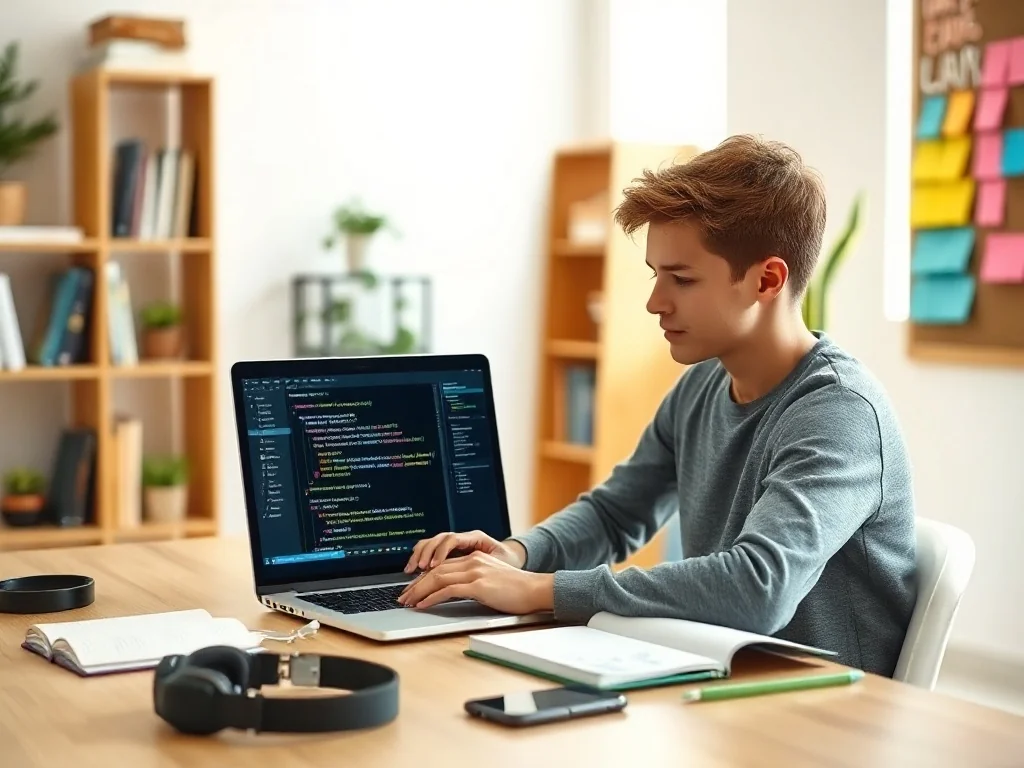 Młoda osoba przy biurku programuje na laptopie, planując ścieżkę kariery po technikum informatycznym.
