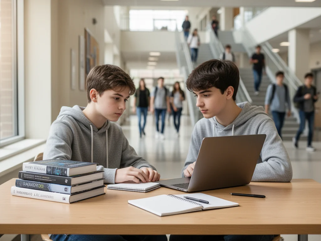 Student przy biurku z laptopem i książkami technicznymi na tle korytarza uczelni, symbolizujący studia inżynierskie.