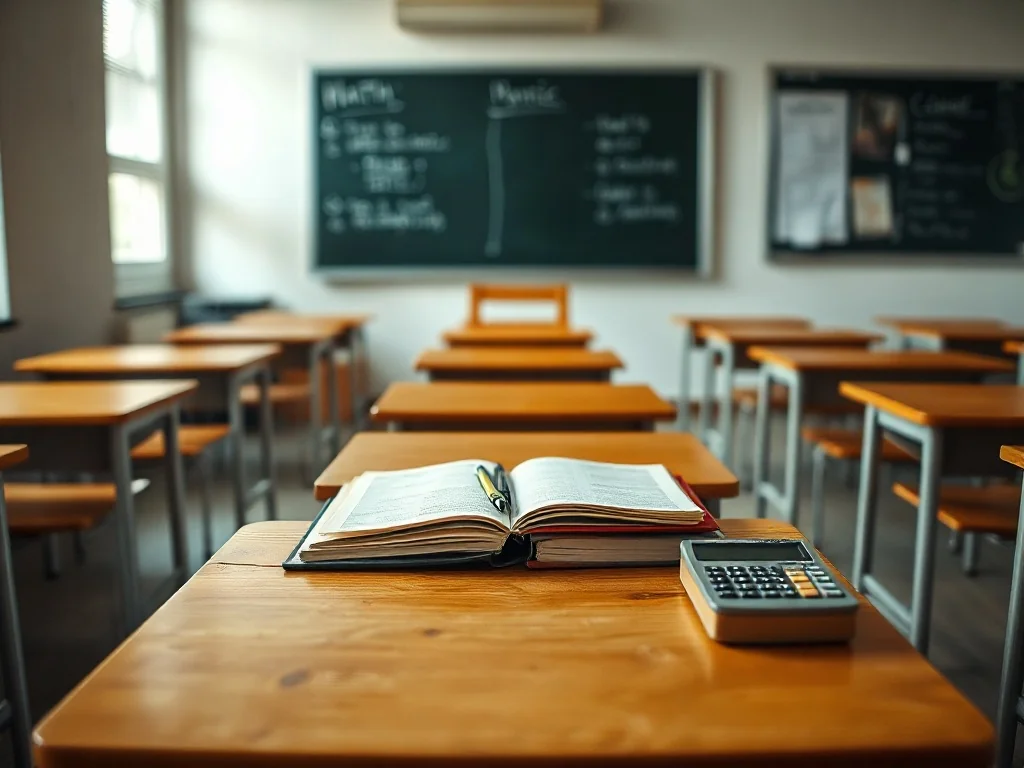 Puste licealne ławki i biurko z książkami z matematyki, fizyki i biologii, podkreślające trudny, wymagający profil naukowy.