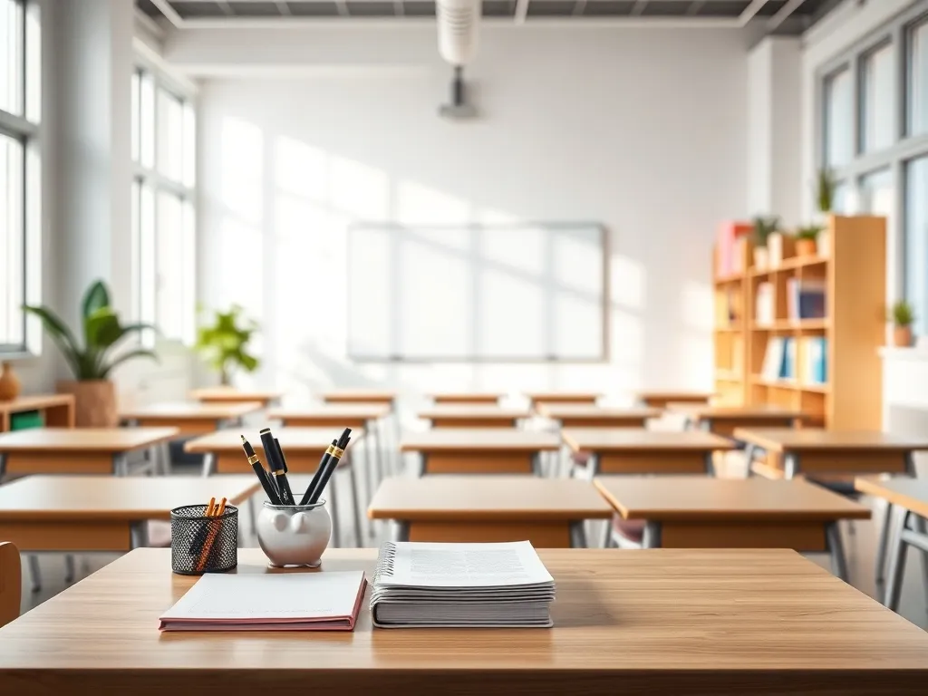 Nowoczesna, jasna klasa z biurkiem nauczyciela i skarbonką, symbolizująca koszty i finansowanie szkoły niepublicznej.