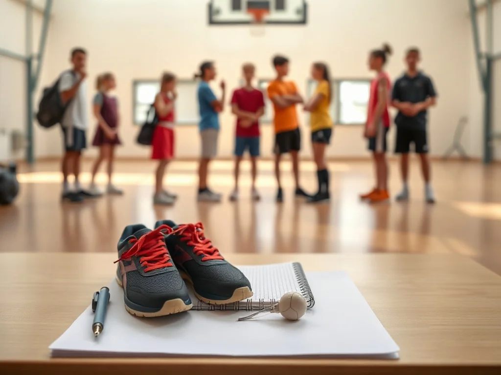 Biurko z zeszytem i butami sportowymi na tle nowoczesnej sali gimnastycznej, uczniowie w różnych strojach sportowych.