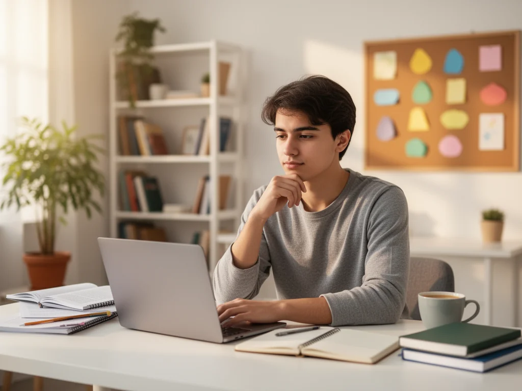 Młoda osoba po technikum planuje dalszą edukację przy laptopie, rozważając studia bez zdania egzaminu zawodowego.