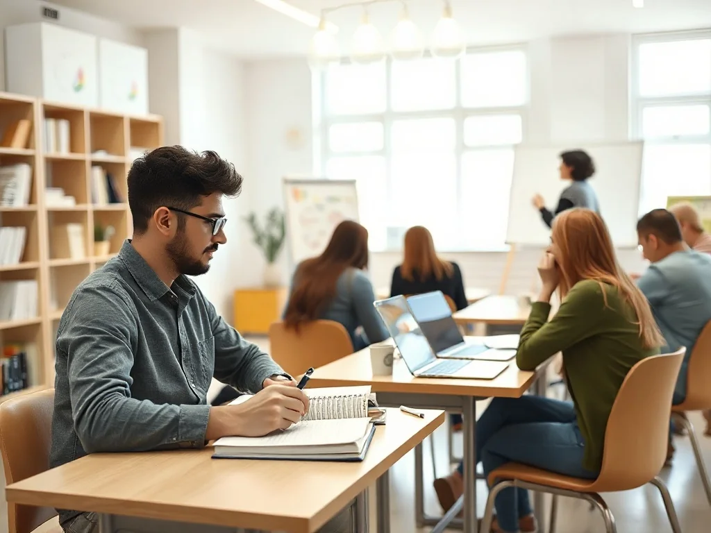Dorośli uczniowie na lekcji w liceum, notują i pracują przy laptopach w jasnej, nowoczesnej sali z nauczycielem przy tablicy.