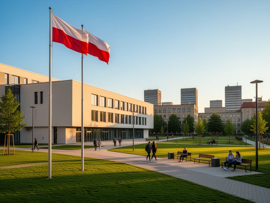 Nowoczesny kampus uczelni publicznej w Polsce o zachodzie słońca, z flagą państwową i studentami na zielonym dziedzińcu.
