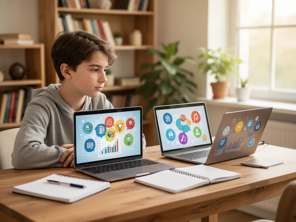 Zastanawiający się uczeń porównuje na dwóch laptopach różne kierunki studiów, rozważając wybór po technikum.
