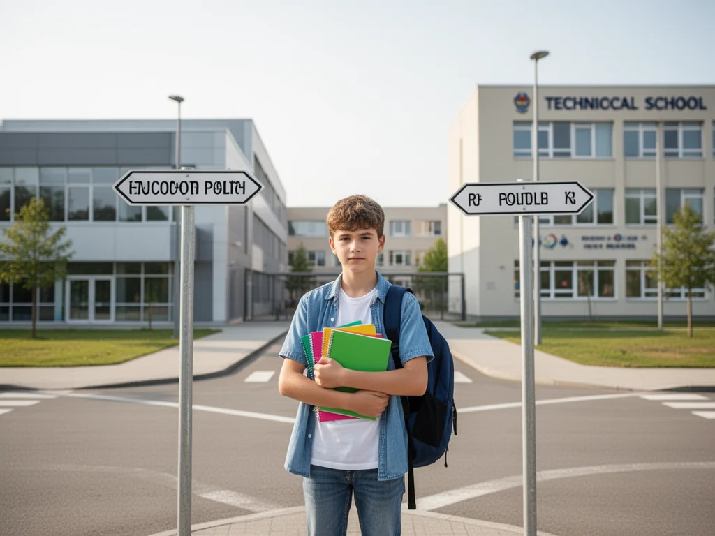 Uczeń z plecakiem stoi na rozdrożu między szkołą branżową a technikum, zastanawiając się nad dalszą ścieżką edukacji.
