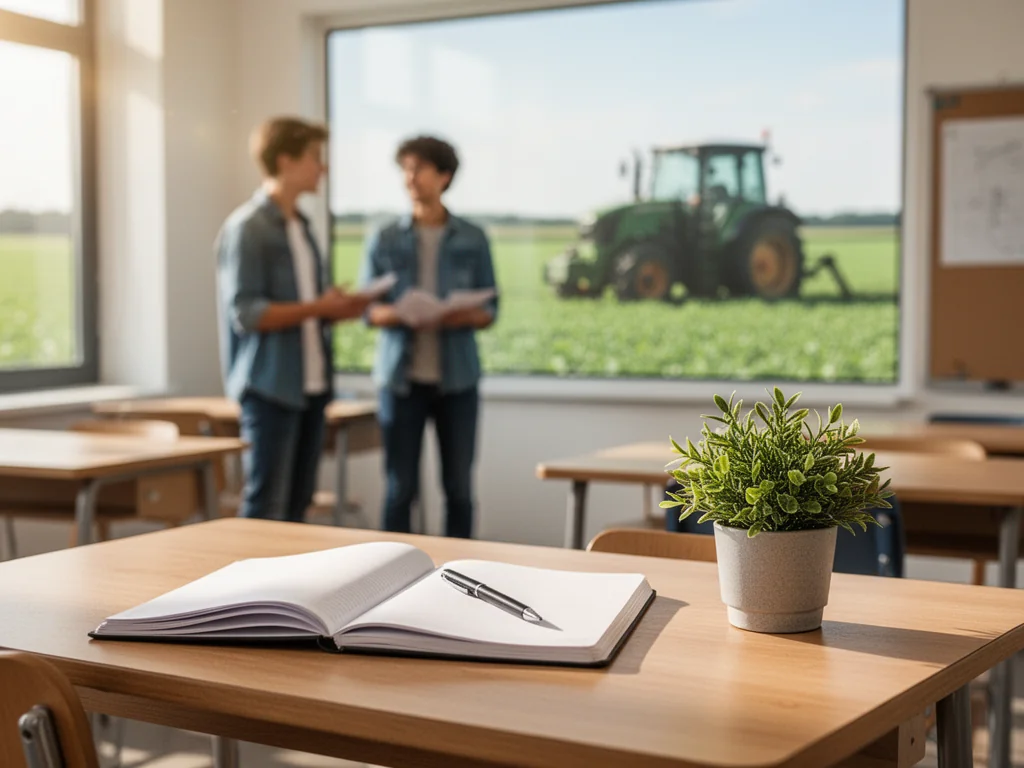 Nowoczesna sala technikum rolniczego, uczniowie dyskutują przy oknie z widokiem na pola i traktor, przytulna atmosfera nauki.