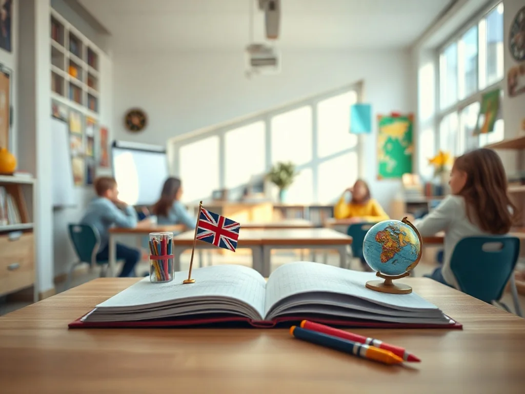 Nowoczesna klasa językowa z brytyjską flagą na ławce, uczniowie rozmawiają z nauczycielem w przyjaznej atmosferze.