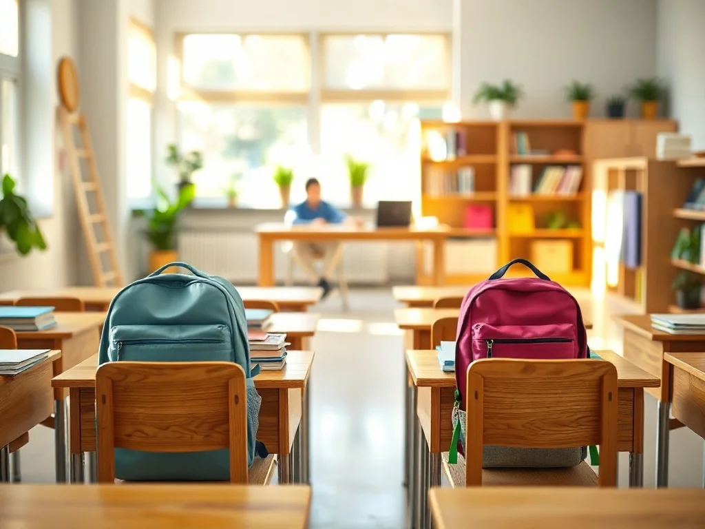 Przytulna, jasna klasa z pustymi ławkami i krzesłami, sugerująca przyjazne środowisko nauki w szkole.