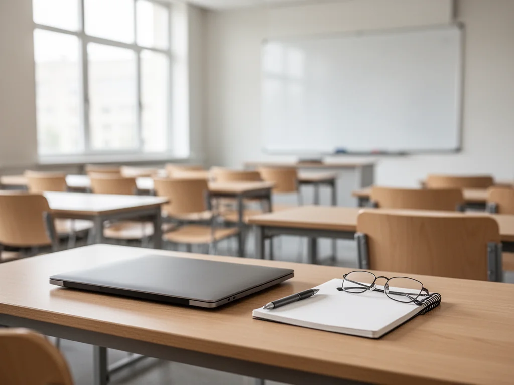 Nowoczesna sala wykładowa z pustymi krzesłami i biurkiem z laptopem, notatnikiem i okularami, podkreślająca atmosferę studiów.