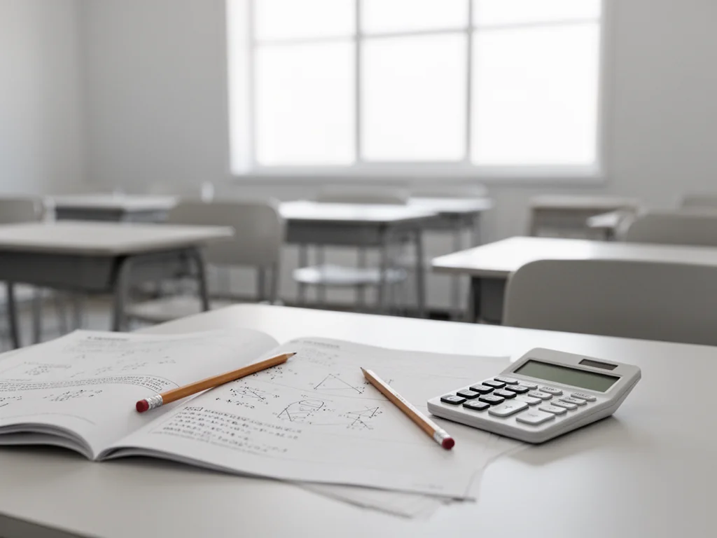 Biurko z otwartym testem z matematyki, ołówkiem i kalkulatorem w pustej, jasnej klasie przed egzaminem ósmoklasisty