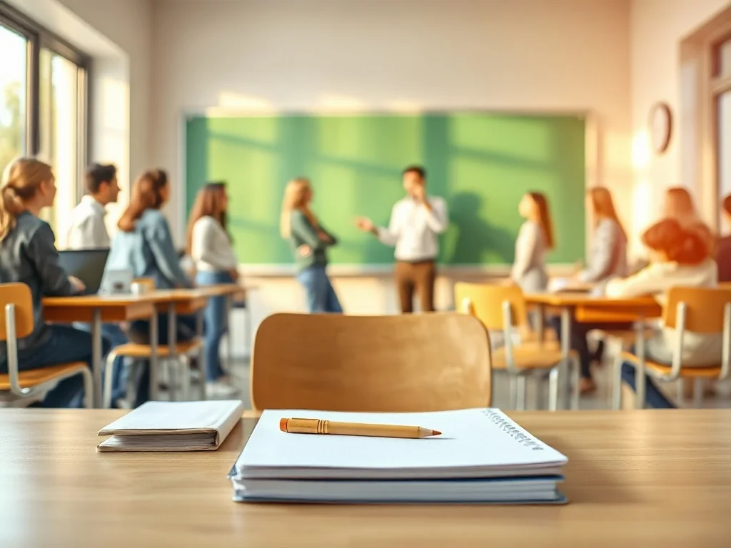 Nowoczesna sala szkoły branżowej, uczniowie pracują wspólnie z nauczycielem przy tablicy, jasna i przyjazna atmosfera.