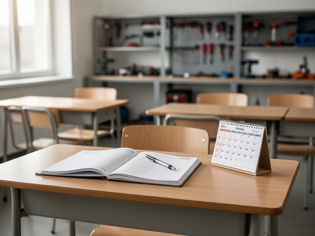 Biurko z plannerem i kalendarzem na tle pustej pracowni technicznej, podkreślające planowanie praktyk zawodowych.