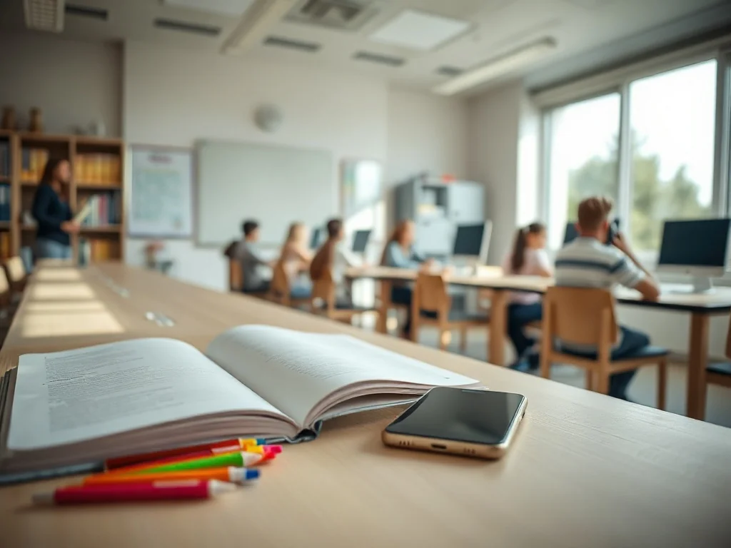 Uczniowie w różnym wieku na zajęciach w nowoczesnej pracowni komputerowej, notatki i podręcznik na ławce z przodu.