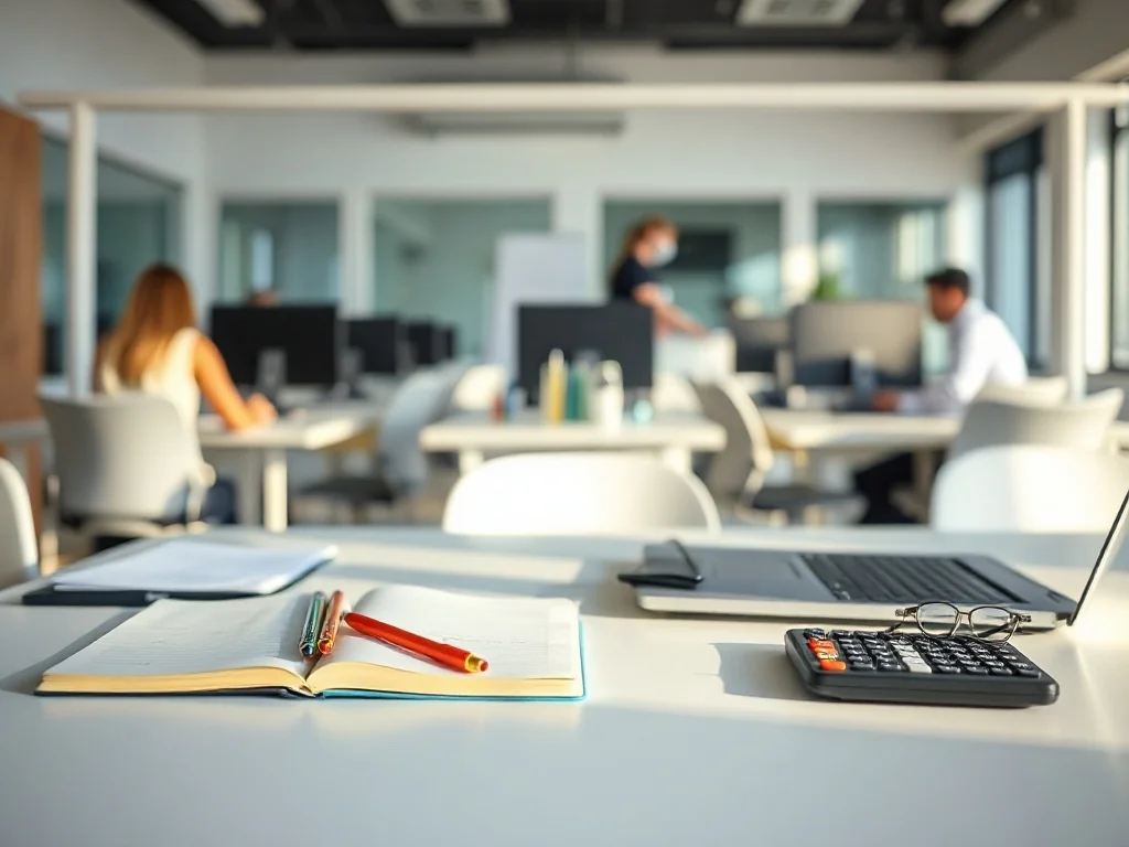 Biurko ucznia z notatkami i laptopem na tle nowoczesnej sali technikum, gdzie uczniowie pracują przy komputerach z pomocą nauczyciela.