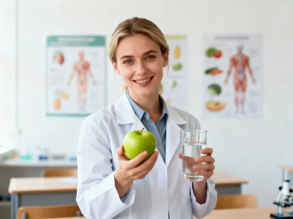 Nauczycielka w fartuchu laboratoryjnym trzyma jabłko i szklankę wody w nowoczesnej sali lekcyjnej, promując zdrowe nawyki.