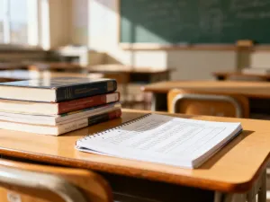 Nauczycielka współorganizująca pomaga uczniowi w pracy z zeszytem w nowoczesnej, jasnej sali lekcyjnej.