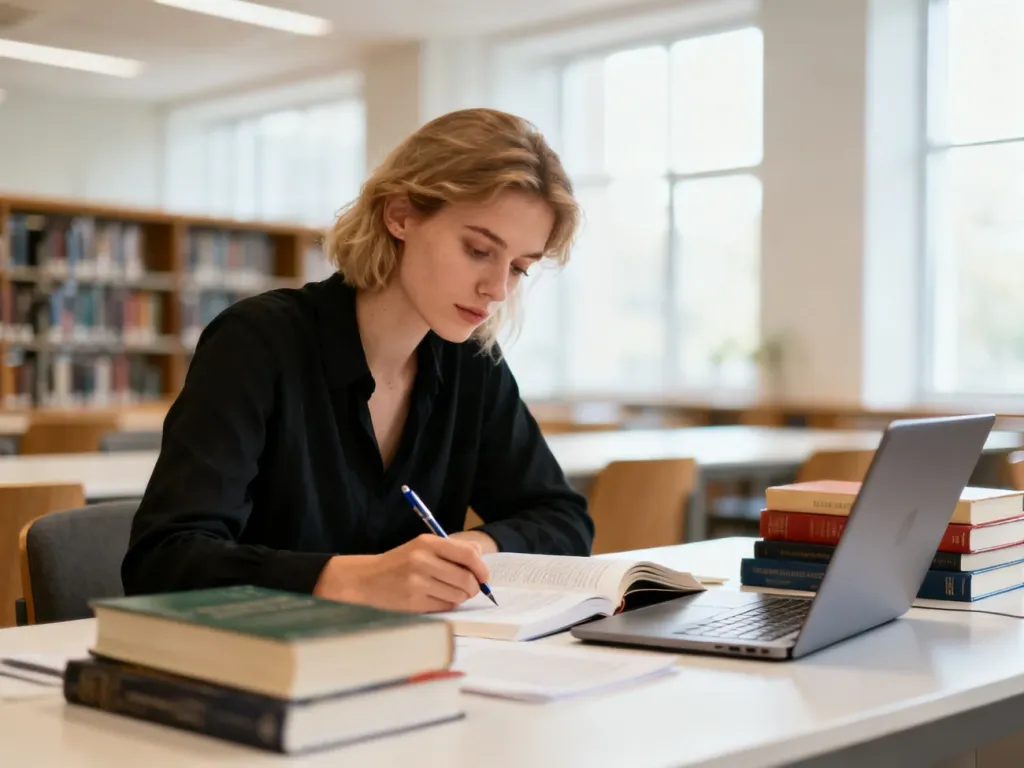 Skupiona kobieta przygotowująca się do egzaminu przy biurku z laptopem i podręcznikami w jasnej bibliotece.