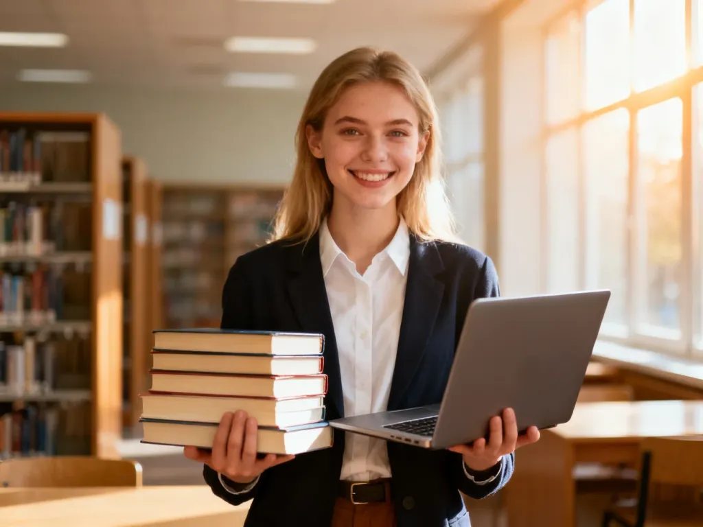 Uśmiechnięta młoda nauczycielka z książkami i laptopem w nowoczesnej bibliotece szkolnej.