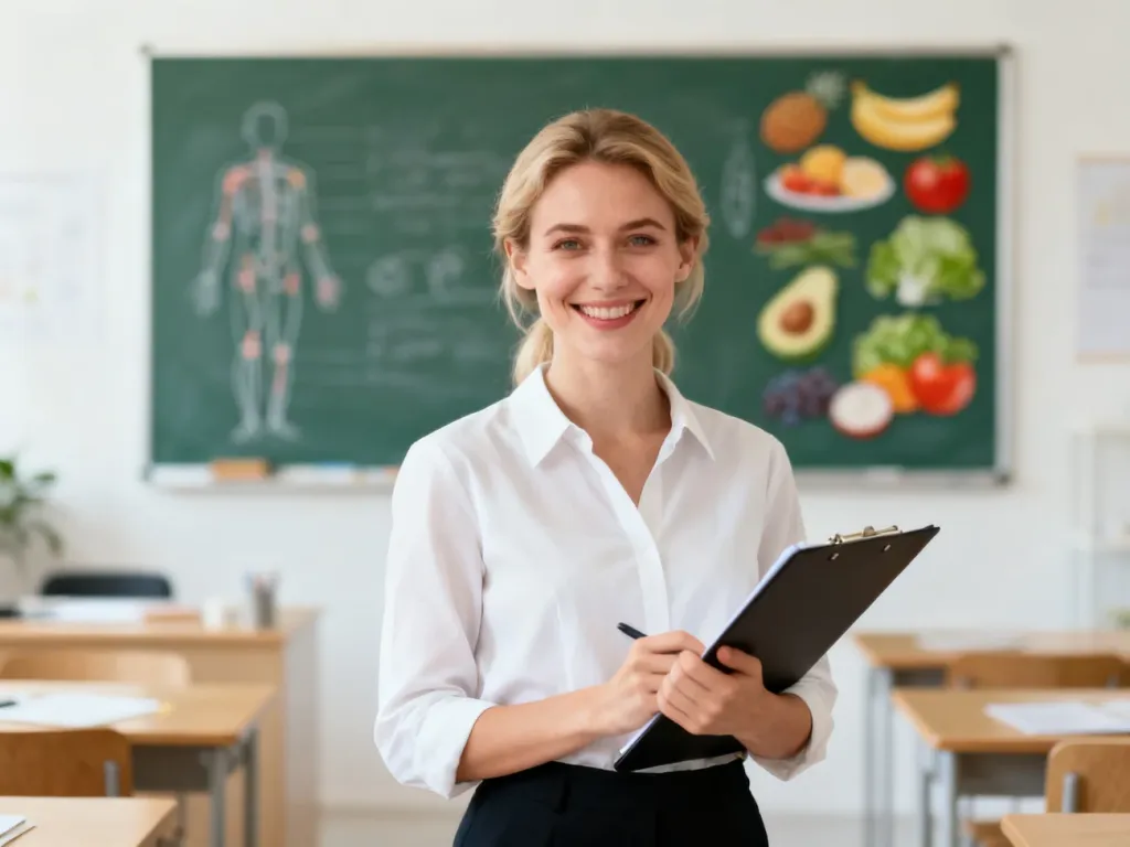 Uśmiechnięta nauczycielka z notatnikiem w nowoczesnej sali lekcyjnej z rysunkami anatomicznymi w tle.
