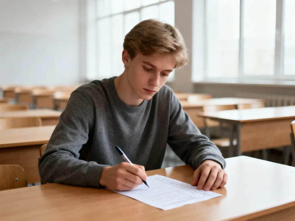 Uczeń skupiony na wypełnianiu arkusza egzaminacyjnego w jasnej sali lekcyjnej.