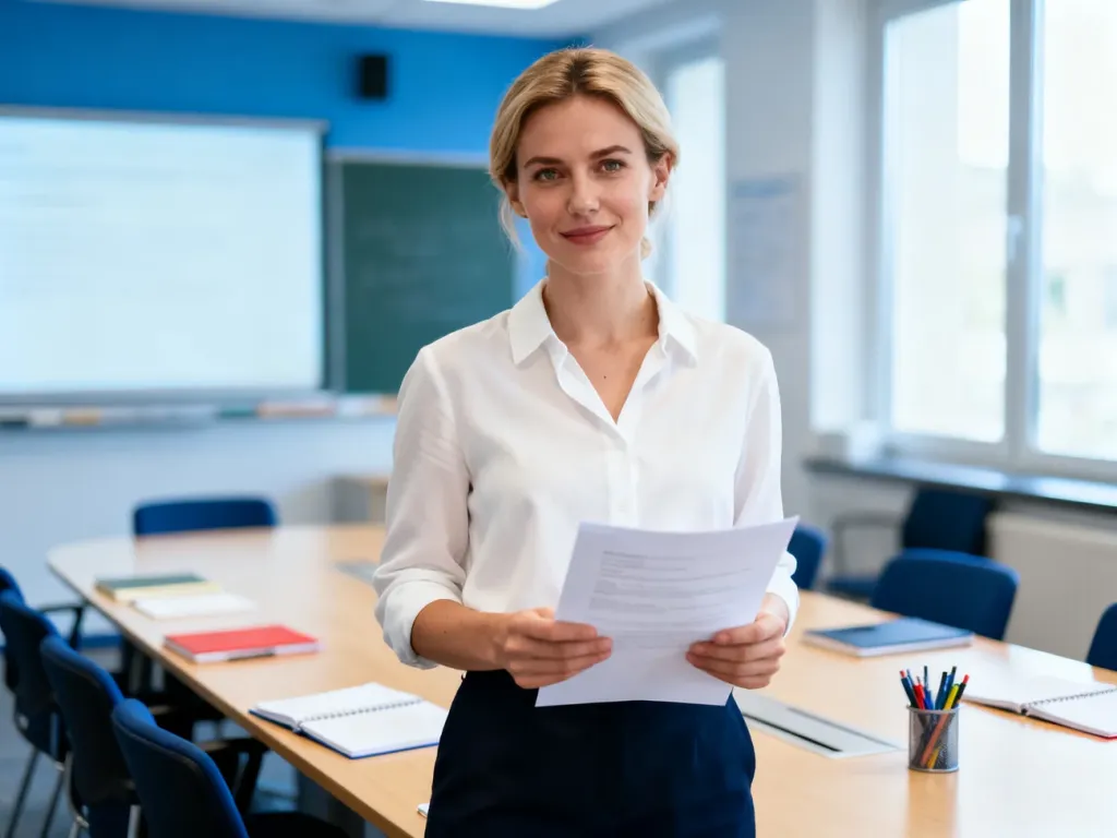 Nauczycielka z dokumentami w nowoczesnej sali konferencyjnej, przygotowująca się do posiedzenia rady pedagogicznej.