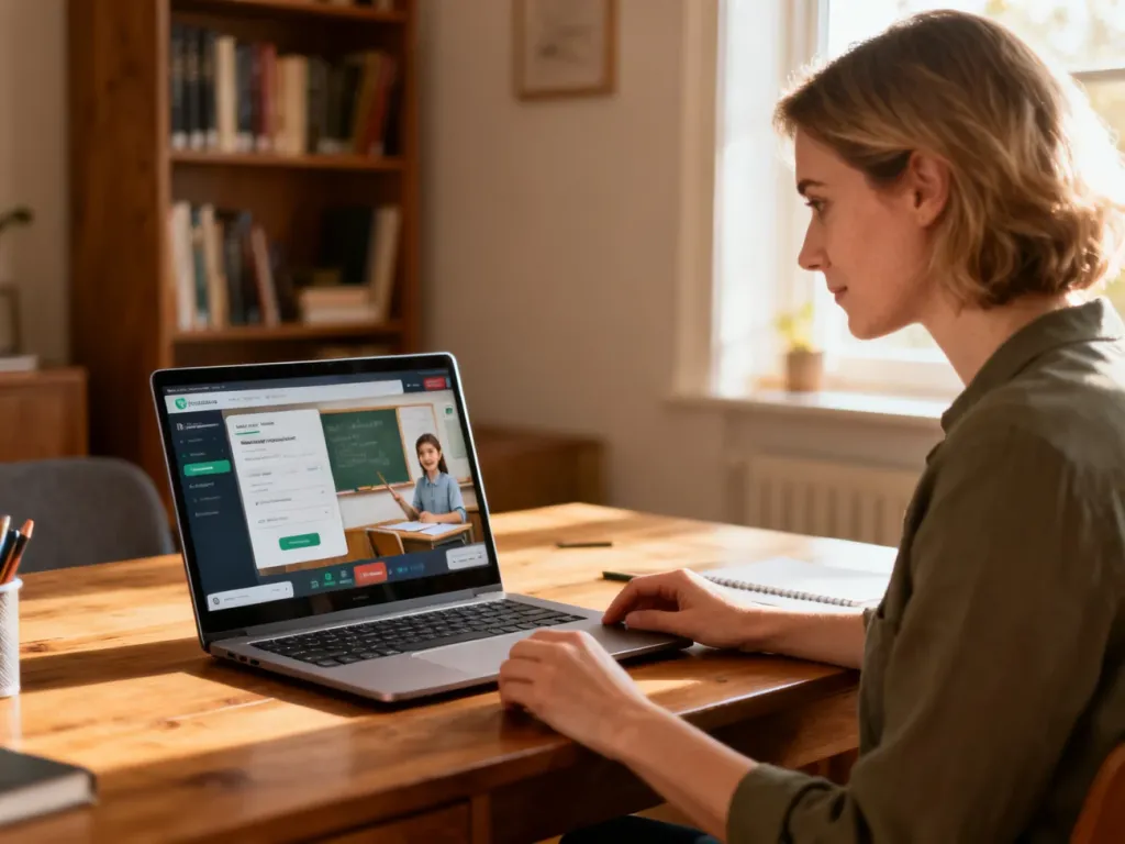 Kobieta pracująca przy laptopie w domowym biurze, uczestnicząca w lekcji online w przytulnym, jasnym wnętrzu.