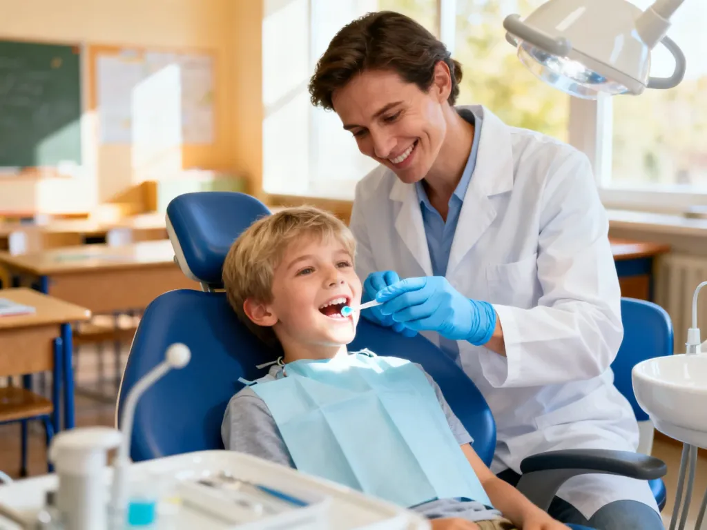 Dentysta w białym fartuchu wykonuje fluoryzację zębów u dziecka w nowoczesnym gabinecie stomatologicznym.
