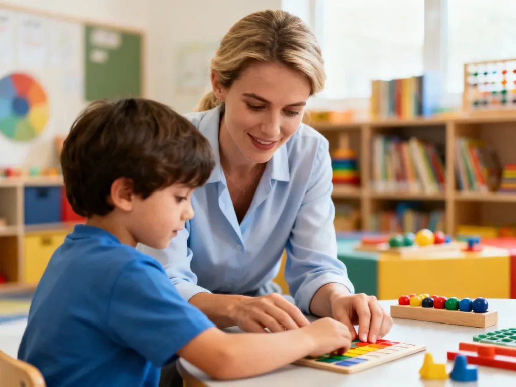 Pedagog specjalny wspiera dziecko w nauce w przyjaznej, nowoczesnej sali lekcyjnej z pomocami edukacyjnymi.