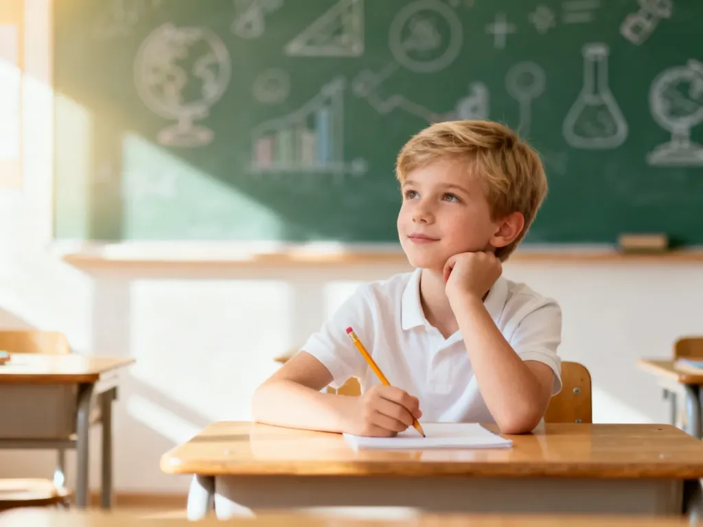 Dziecko siedzące przy szkolnej ławce w jasnej klasie, zamyślone nad zadaniem, co podkreśla skupienie na edukacji.