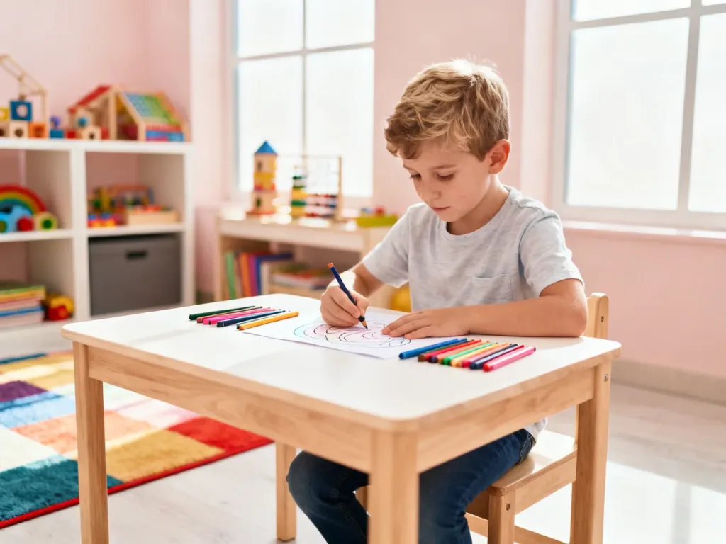 Chłopiec skupiony na rysowaniu przy stoliku w jasnej, nowoczesnej sali przedszkolnej pełnej zabawek i pomocy edukacyjnych.