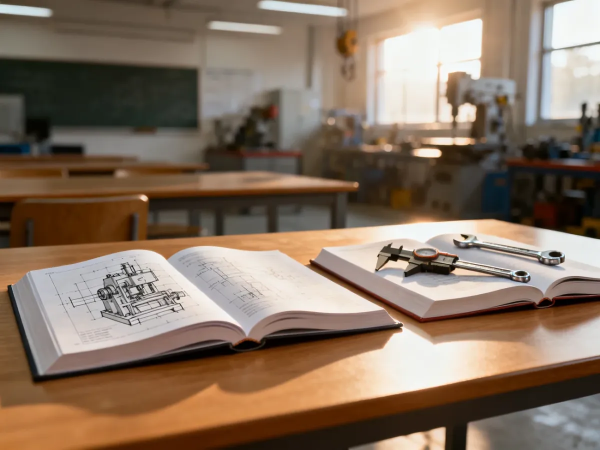 Otwarte podręczniki z technicznym rysunkiem i narzędziami warsztatowymi na biurku, symbolizujące naukę zawodu w technikum.